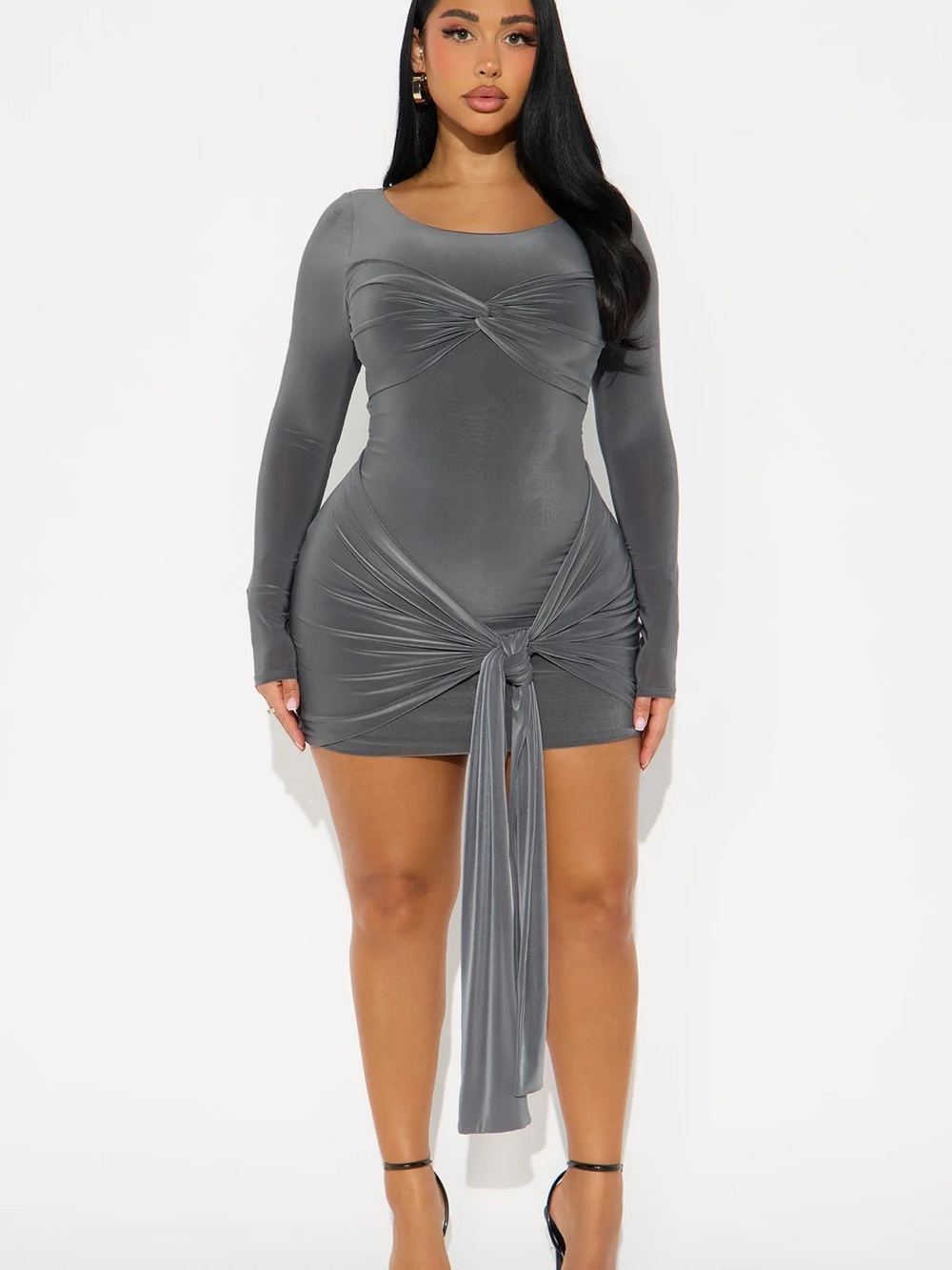 Fashion Nova Gray Long-Sleeve Knot-Front Mini Dress